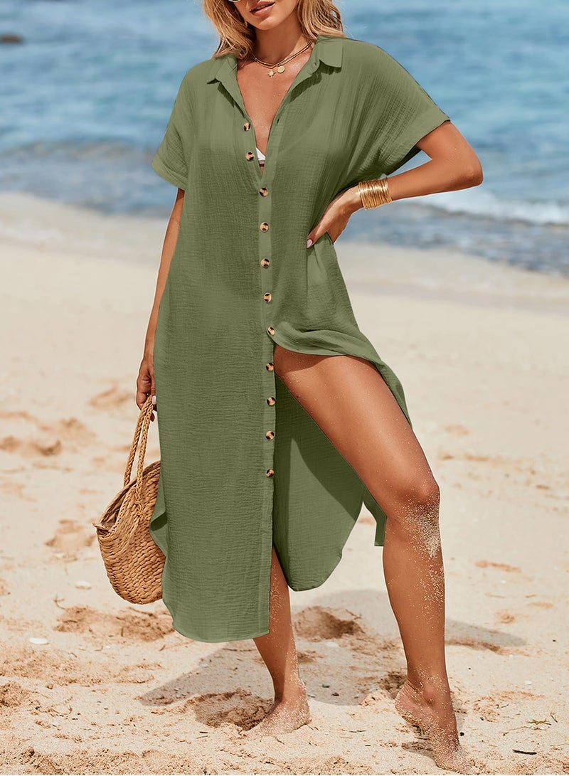 Dokotoo Swimsuit Beach Cover Ups for Women 2026 Vacation Outfits Summer Dresses Button Down Long Kimonos Cardigan Short Sleeve Side Split Casual Solid Loose Fit Fashion Bathing Suit Green S - Image 4