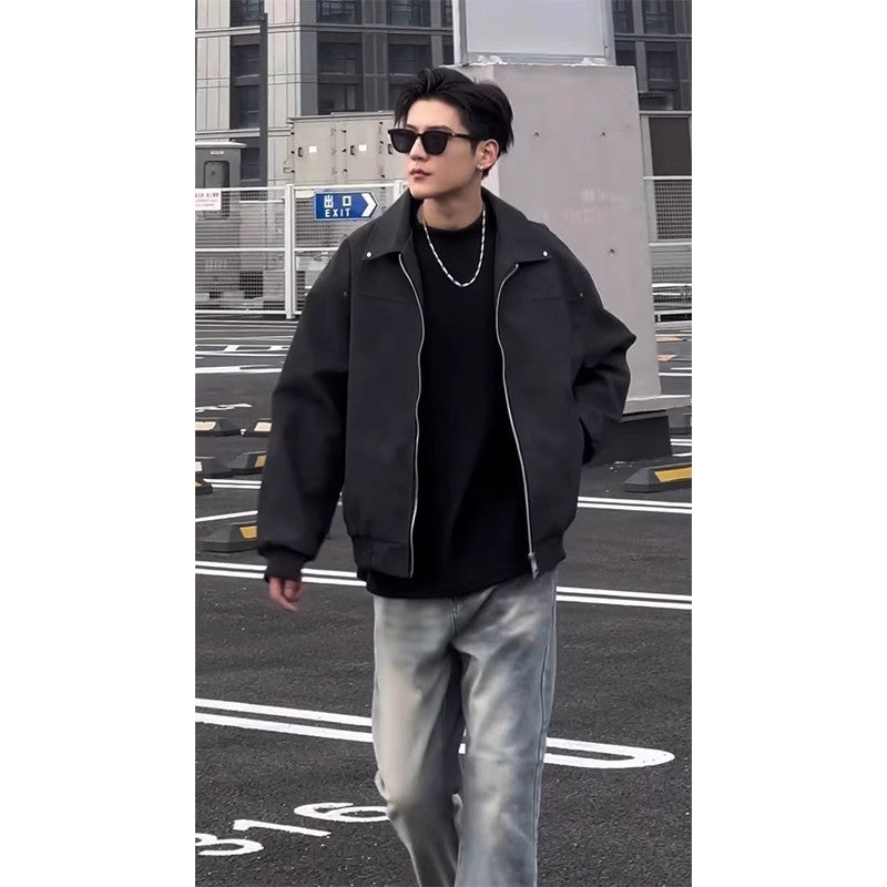 Cleanfit Grey Short Leather Jacket Men'S Coat High-End American Style Retro Lapel Motorcycle Leather Jacket - Image 1