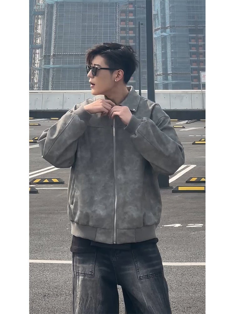 Cleanfit Grey Short Leather Jacket Men'S Coat High-End American Style Retro Lapel Motorcycle Leather Jacket - Image 3