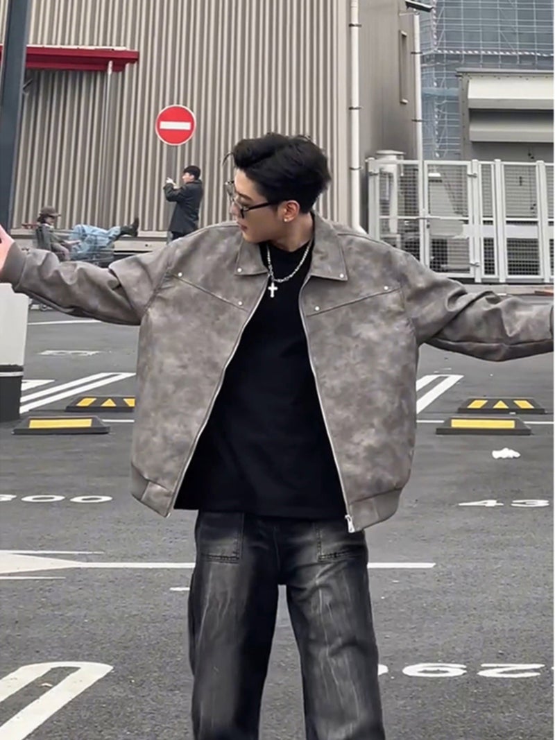 Cleanfit Grey Short Leather Jacket Men'S Coat High-End American Style Retro Lapel Motorcycle Leather Jacket - Image 4