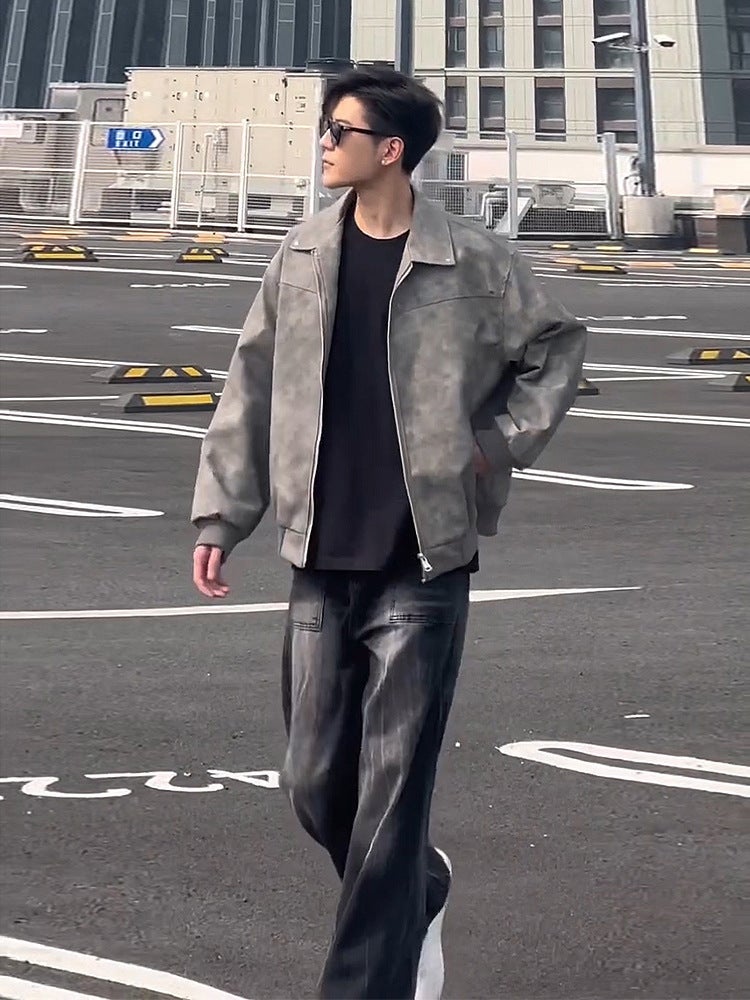Cleanfit Grey Short Leather Jacket Men'S Coat High-End American Style Retro Lapel Motorcycle Leather Jacket - Image 2
