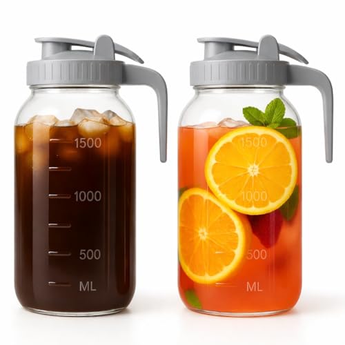 VA1KENE 2 Pack - 64oz Glass Pitcher with Lid Wide Mouth, 2 Quart (1.9 Liter) Mason Jar Pitcher with Lid and Spout, Leakproof Water Jug for Water, Juice, Tea, Iced Coffee, Milk Storage - Image 1