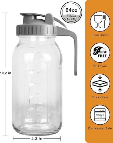 VA1KENE 2 Pack - 64oz Glass Pitcher with Lid Wide Mouth, 2 Quart (1.9 Liter) Mason Jar Pitcher with Lid and Spout, Leakproof Water Jug for Water, Juice, Tea, Iced Coffee, Milk Storage - Image 2