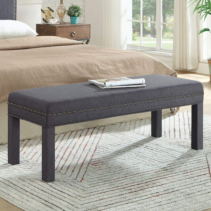 24KF 24KF Upholstered Linen Bed Bench with Nail Head TrimPadded Tufted Bench Dark Gray