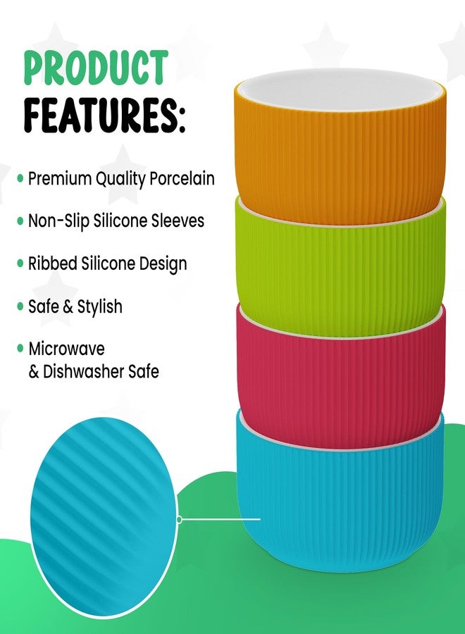 Jayour Kids Porcelain Bowls with Anti-Slip Silicone Sleeves | Microwave & Dishwasher Safe | Premium Toddler Bowls for Eating | Perfect for Toddlers & Kids - Set of 4 - Image 4