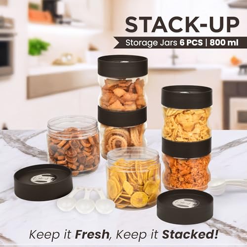 FLAIR StackUp 800 ML Storage Jars Set of 6 (BROWN) – Airtight Lid, Stackable PET Storage Jars for Kitchen Storage – Perfect for Spices, Pulses, Cereals, Cookies, Dry Food & More - Image 2