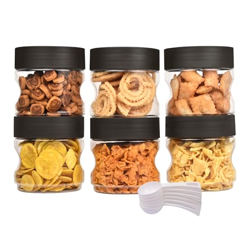 FLAIR StackUp 800 ML Storage Jars Set of 6 (BROWN) – Airtight Lid, Stackable PET Storage Jars for Kitchen Storage – Perfect for Spices, Pulses, Cereals, Cookies, Dry Food & More - Image 1