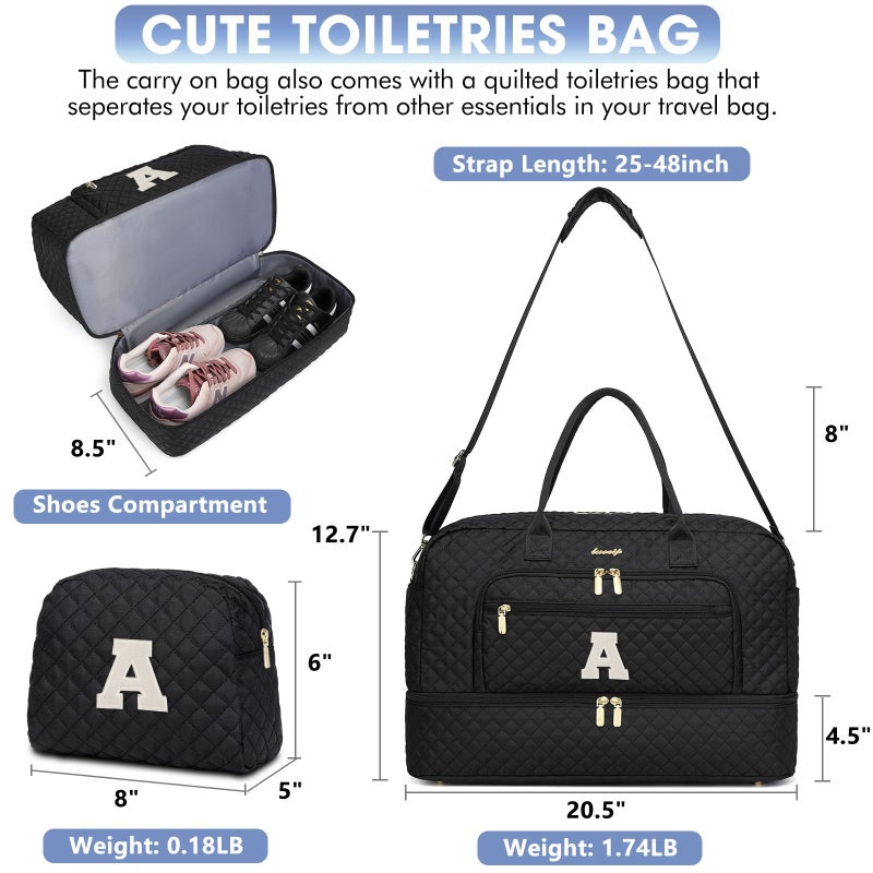 LUOCIP Initial Travel Duffle Bag for Women - Black Personalized Weekender bags Overnight Bag with Shoe Compartment & Wet Pocket Weekend Tote Bags with Toiletry Bag Monogram Christmas Gifts (Letter A) - Image 2