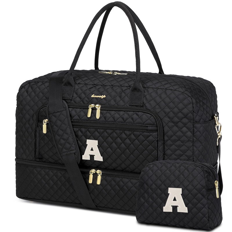 LUOCIP Initial Travel Duffle Bag for Women - Black Personalized Weekender bags Overnight Bag with Shoe Compartment & Wet Pocket Weekend Tote Bags with Toiletry Bag Monogram Christmas Gifts (Letter A) - Image 1