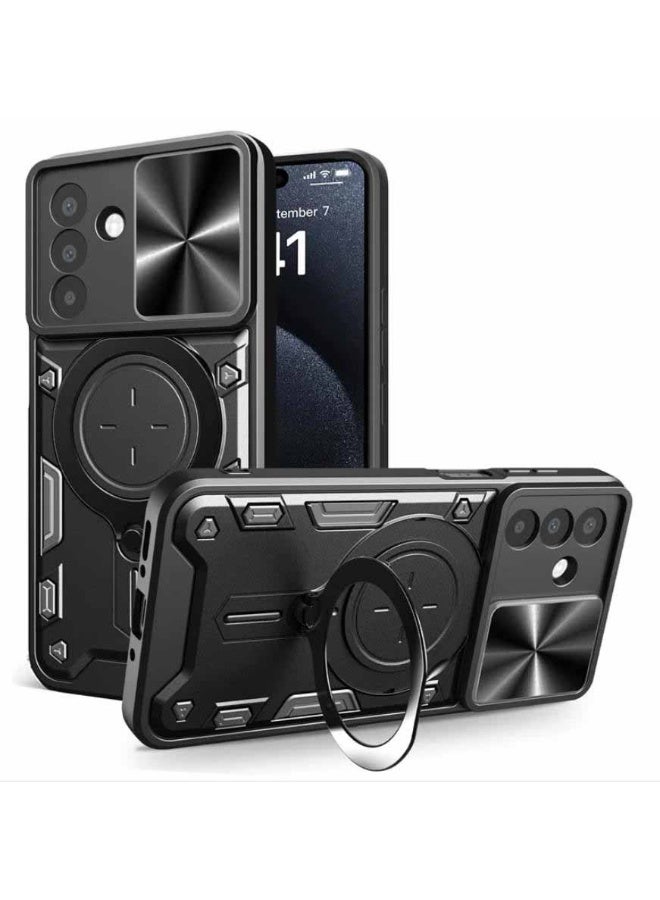 QIRG for Samsung Galaxy A57 Rugged Case with Slide Camera Cover,Shockproof Case with Rotate Magnetic Ring Kickstand Full Body Cover for Samsung Galaxy A57- Black