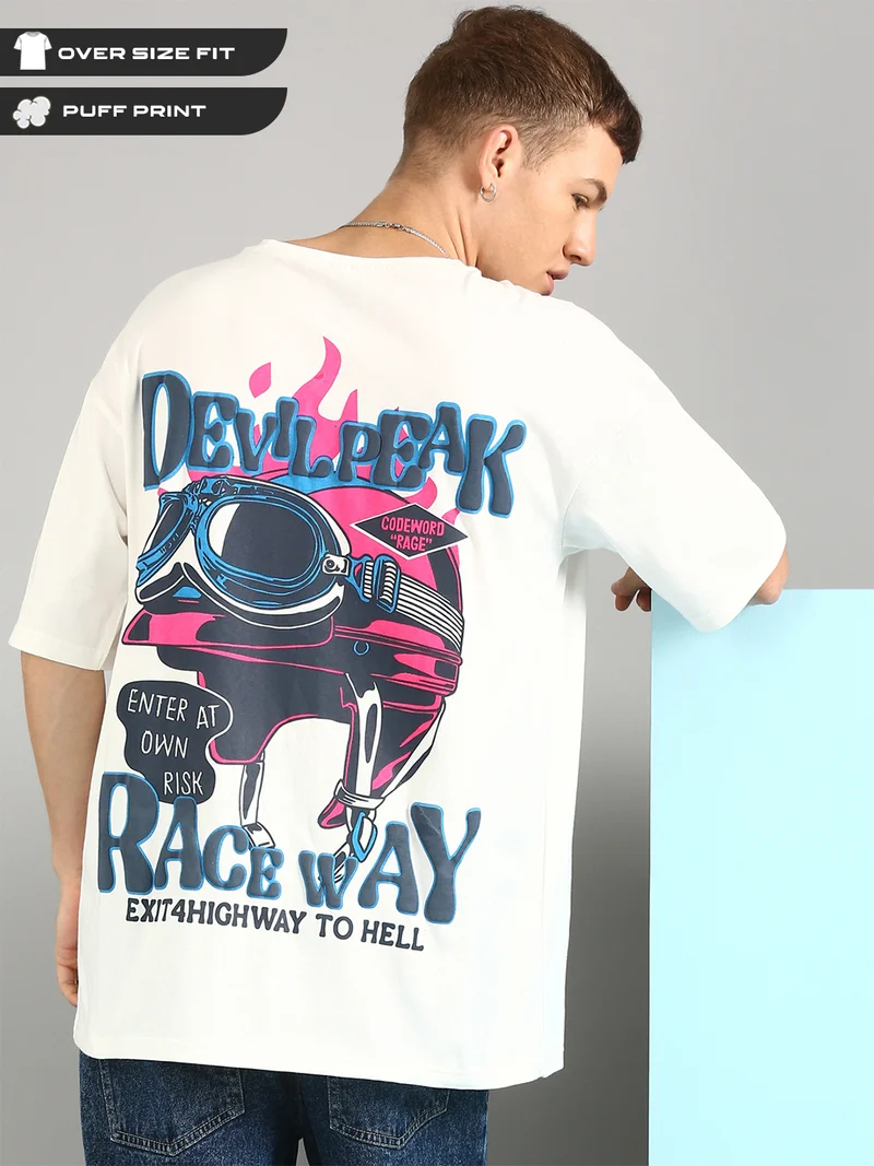 جوفن Men White Printed Cut & Sew Pure Cotton Oversized T-Shirt