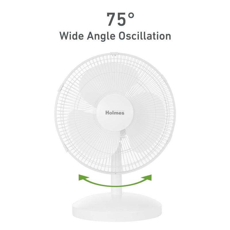 HOLMES 12" Table Fan, 75Â° Oscillation, 3 Speeds, 15Â° Adjustable Head Tilt, Ideal for Home, Bedroom or Office, White - Image 4