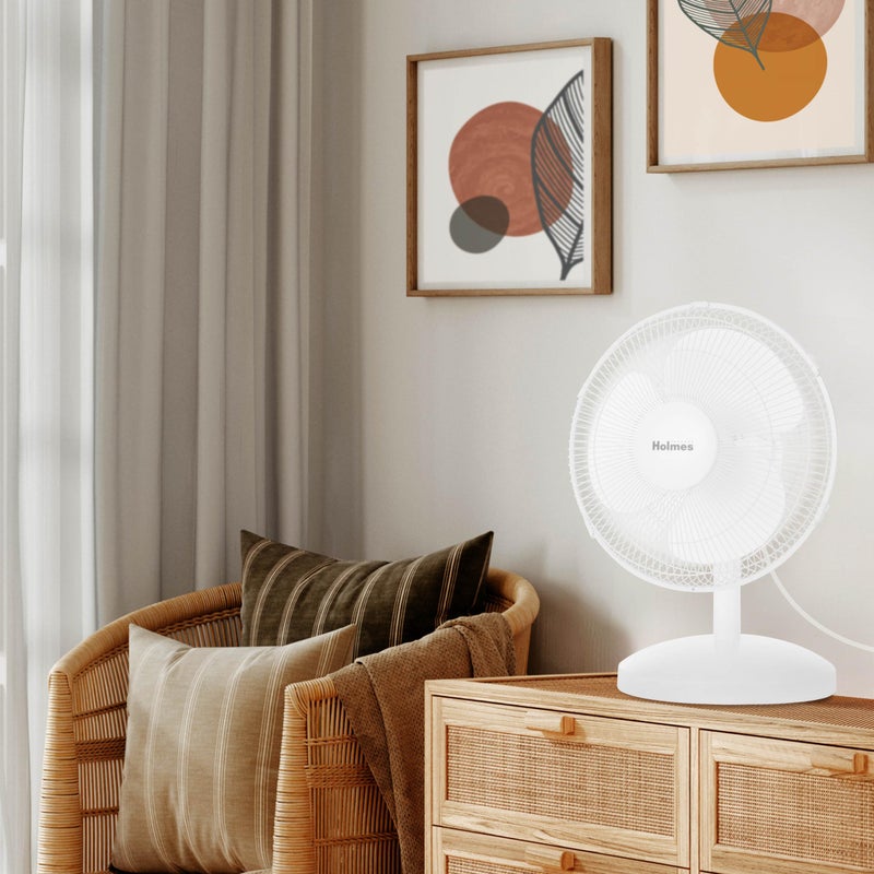 HOLMES 12" Table Fan, 75Â° Oscillation, 3 Speeds, 15Â° Adjustable Head Tilt, Ideal for Home, Bedroom or Office, White - Image 2
