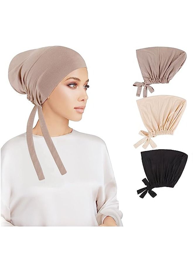 يونيك 3 قطع غطاء داخلي للحجاب للنساء - إسلامي مسلم تحت قبعة الحجاب قبعة داخلية تحت وشاح قبعة الحجاب مع إغلاق الظهر بربطة عنق (أسود / كاكي فاتح / بيج) - Image 1