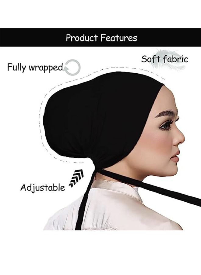 يونيك 3 قطع غطاء داخلي للحجاب للنساء - إسلامي مسلم تحت قبعة الحجاب قبعة داخلية تحت وشاح قبعة الحجاب مع إغلاق الظهر بربطة عنق (أسود / كاكي فاتح / بيج) - Image 4