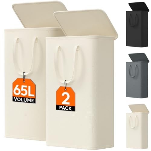 Lifewit 65L Slim Laundry Hamper Small Laundry Basket with Lid Dirty Narrow Collapsible Clothes Storage with Easy Carry Extended Handles Tall Hampers for Bedroom Laundry Room White 2 Packs