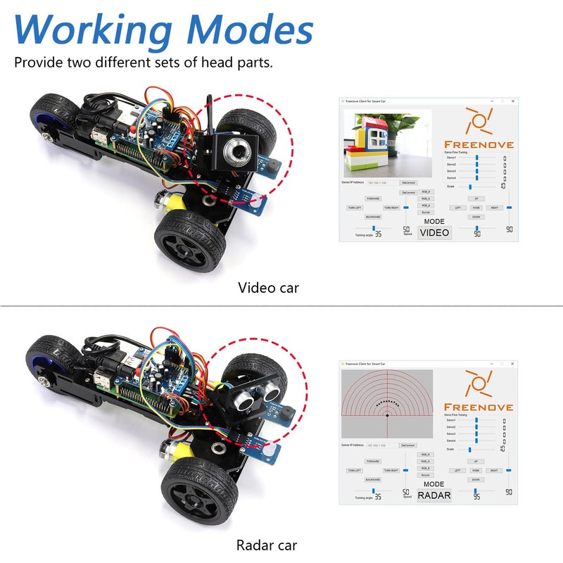 فريينوف طقم سيارة ذكي بثلاث عجلات من FREENOVE لـ Raspberry Pi 4 B 3 B + B A + ، مشروع روبوت ، التحكم في التطبيق ، فيديو مباشر ، نطاق بالموجات فوق الصوتية ، كاميرا سيرفو لاسلكية RC (Raspberry Pi غير مشمول) - Image 3