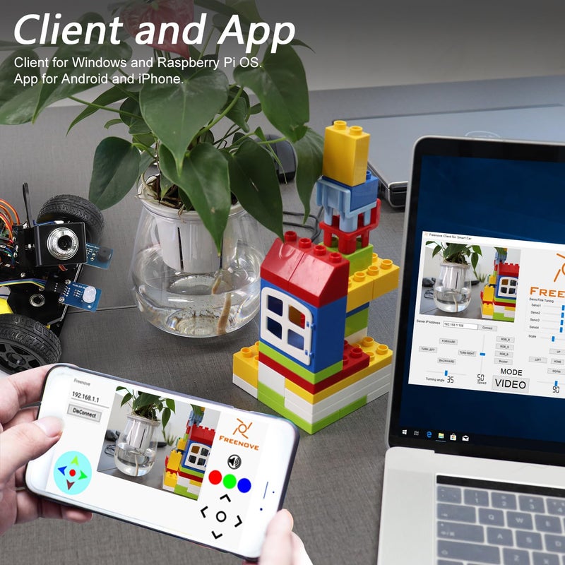 فريينوف طقم سيارة ذكي بثلاث عجلات من FREENOVE لـ Raspberry Pi 4 B 3 B + B A + ، مشروع روبوت ، التحكم في التطبيق ، فيديو مباشر ، نطاق بالموجات فوق الصوتية ، كاميرا سيرفو لاسلكية RC (Raspberry Pi غير مشمول) - Image 4