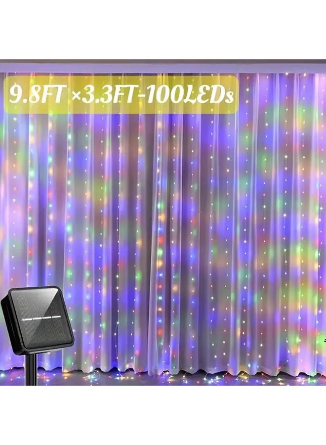 Multicolor 100 LED Solar Curtain Lights 8 Modes Outdoor Christmas Garden Decor - Image 1