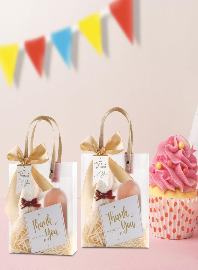 ARPOVIST 12 Pack Clear Plastic Gift Bags with Handles, 7.9" x 7.9" x 3.1" Party Favor Bags with Champagne Ribbons and Tags, Reusable Frosted Tote Bags for Candy, Wedding Baby Shower Valentine's Day - Image 5