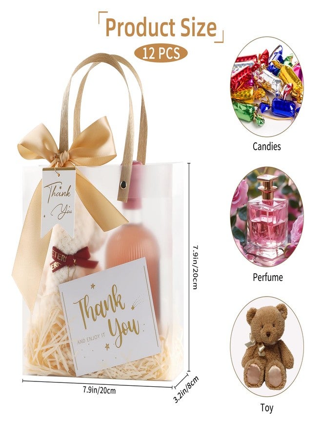 ARPOVIST 12 Pack Clear Plastic Gift Bags with Handles, 7.9" x 7.9" x 3.1" Party Favor Bags with Champagne Ribbons and Tags, Reusable Frosted Tote Bags for Candy, Wedding Baby Shower Valentine's Day - Image 2
