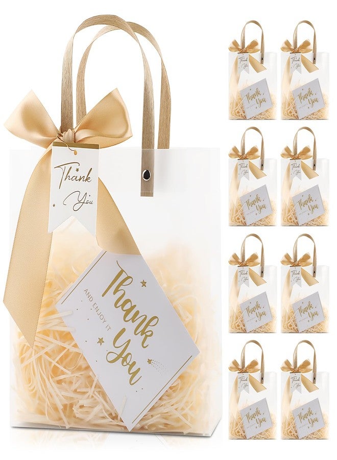 ARPOVIST 12 Pack Clear Plastic Gift Bags with Handles, 7.9" x 7.9" x 3.1" Party Favor Bags with Champagne Ribbons and Tags, Reusable Frosted Tote Bags for Candy, Wedding Baby Shower Valentine's Day - Image 1