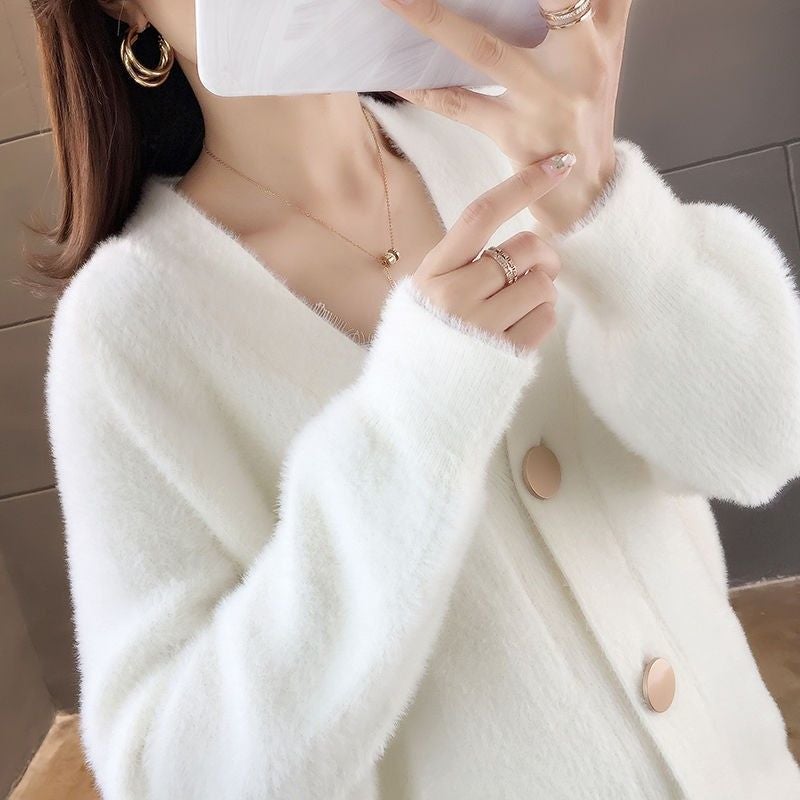 Thickened Spring/Autumn New Womens Cardigan Jacket Sweater Cropped Loose-Fit Stylish V-Neck Outerwear Pullovers Lotus color  - Image 3