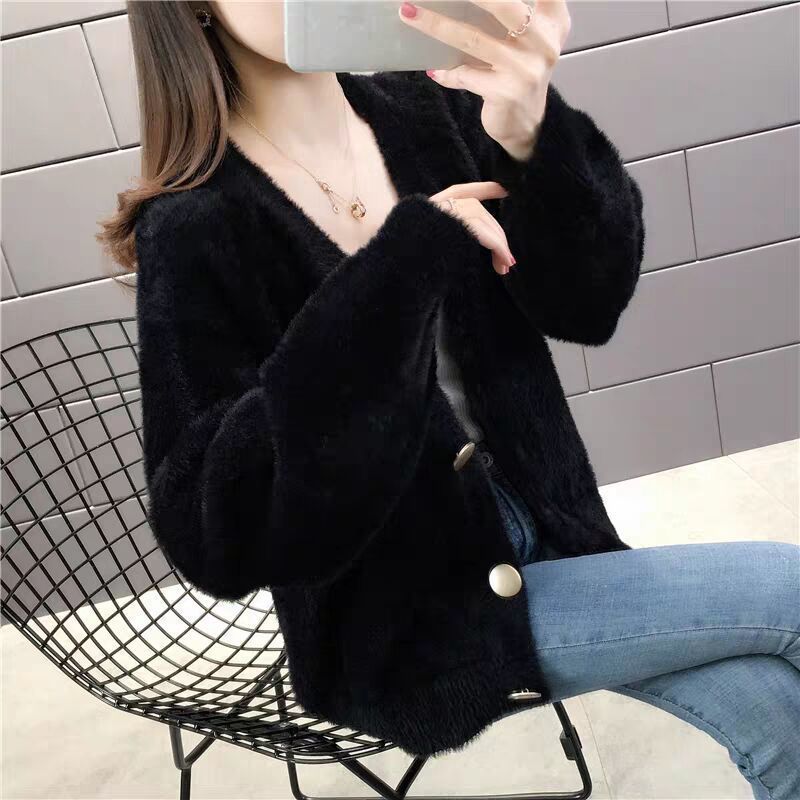 Thickened Spring/Autumn New Womens Cardigan Jacket Sweater Cropped Loose-Fit Stylish V-Neck Outerwear Pullovers Lotus color  - Image 2