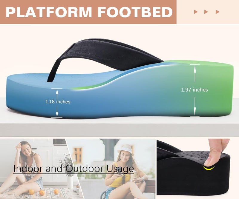 ONCAI Women's Platform Wedge Flip Flops Sandals Size 5 Trendy Dressy Summer Beach Vacation Pool Black Thong Chunky Sandalias Comfy Cute Thick Waterproof Arch Support Rubber Foam Soles - Image 5