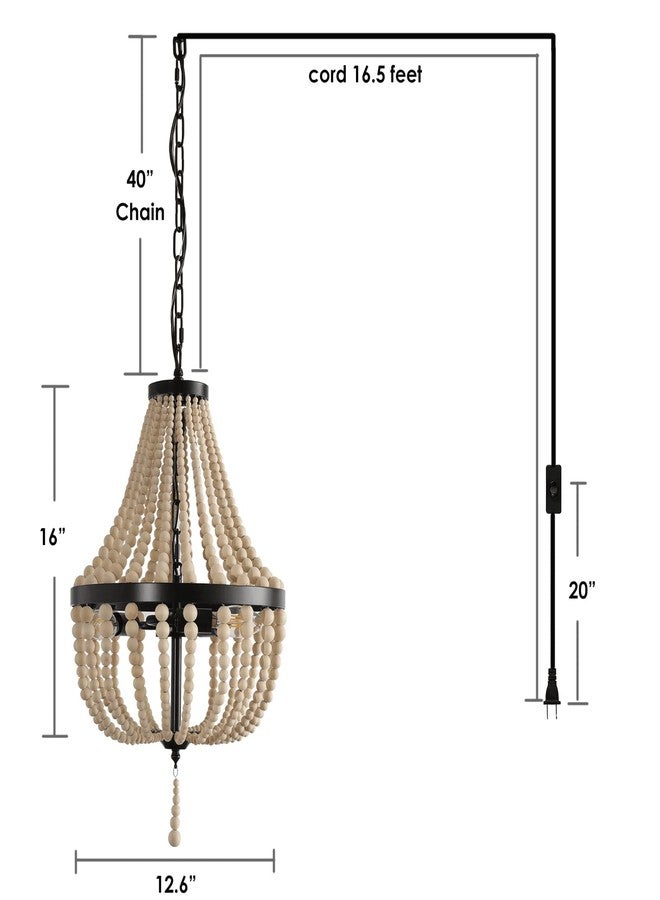 vivihobb 3-Light Plug in Chandelier Dimmable and Timer Mini Wood Beaded Bohemian Pendant Light Fixture with 16.4ft Swag Cord,Black Metal Finish Natural Color Beads,Dining Room,Living Room,Foyer,Bedroom… - Image 2