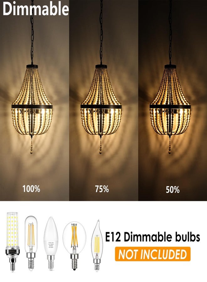 vivihobb 3-Light Plug in Chandelier Dimmable and Timer Mini Wood Beaded Bohemian Pendant Light Fixture with 16.4ft Swag Cord,Black Metal Finish Natural Color Beads,Dining Room,Living Room,Foyer,Bedroom… - Image 3