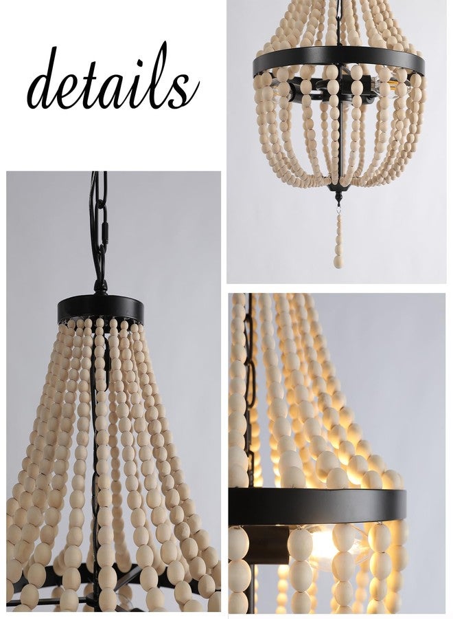 vivihobb 3-Light Plug in Chandelier Dimmable and Timer Mini Wood Beaded Bohemian Pendant Light Fixture with 16.4ft Swag Cord,Black Metal Finish Natural Color Beads,Dining Room,Living Room,Foyer,Bedroom… - Image 5