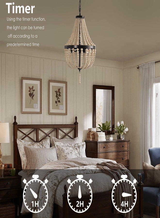 vivihobb 3-Light Plug in Chandelier Dimmable and Timer Mini Wood Beaded Bohemian Pendant Light Fixture with 16.4ft Swag Cord,Black Metal Finish Natural Color Beads,Dining Room,Living Room,Foyer,Bedroom… - Image 4