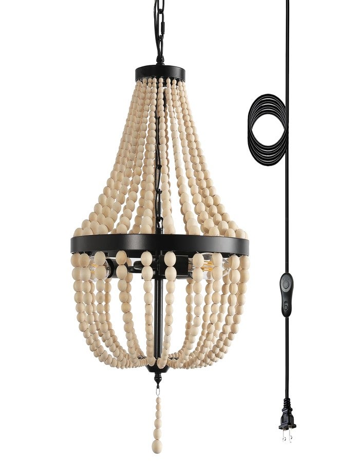 vivihobb 3-Light Plug in Chandelier Dimmable and Timer Mini Wood Beaded Bohemian Pendant Light Fixture with 16.4ft Swag Cord,Black Metal Finish Natural Color Beads,Dining Room,Living Room,Foyer,Bedroom… - Image 1