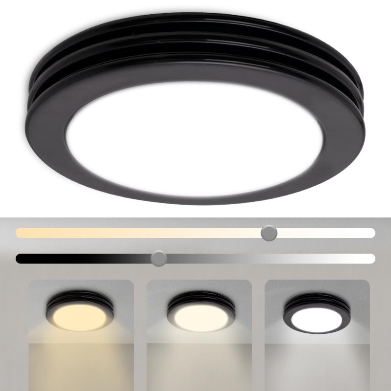 مروحة شفط حمام أكيكون مع ضوء 80 CFM 2 سون دائري مروحة حمام ضوء مدمج قابل للتعتيم 3CCT LED أضواء دش مروحة تهوية مع غطاء أكريليك لغرفة متوسطة باللون الأسود غير اللامع