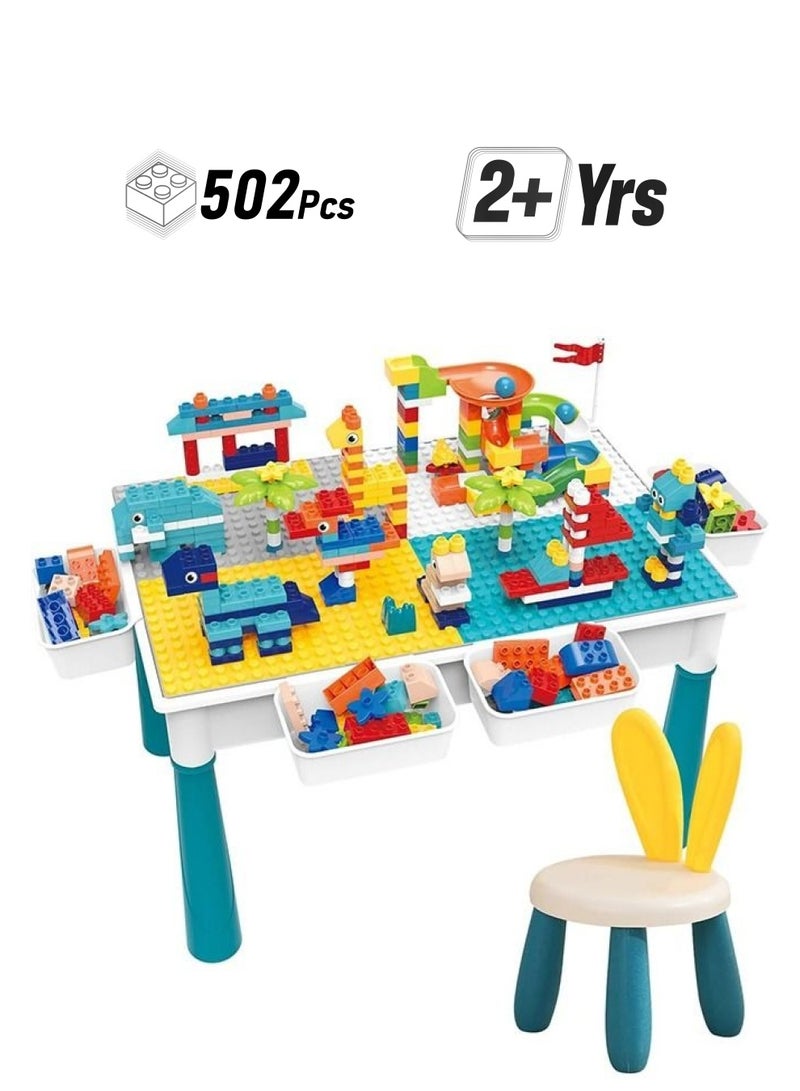7-in-1 Kids Building BlockTable Chair Set,with 4 Storage Box Adjustable Legs,502 Pcs Building Block Bricks Toy for Toddlers Dining Play Learning Table (XL)  - Image 1