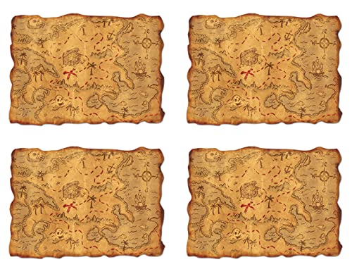Beistle Plastic Treasure Map 4 Pack Rolled Pirate Maps with Vintage Look Adventure Props for PirateThemed Parties Treasure Hunts Festivals Theatrical Productions Decorations 12 x 18 - Image 1