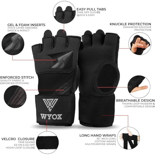WYOX Gel Boxing Hand Wraps Inner Gloves for Men & Women, 80cm Quick Wrist Straps, Padded Knuckle Protection for Muay Thai Kickboxing, Hand Wraps for Boxing & Martial Arts (Black, S/M) - Image 2