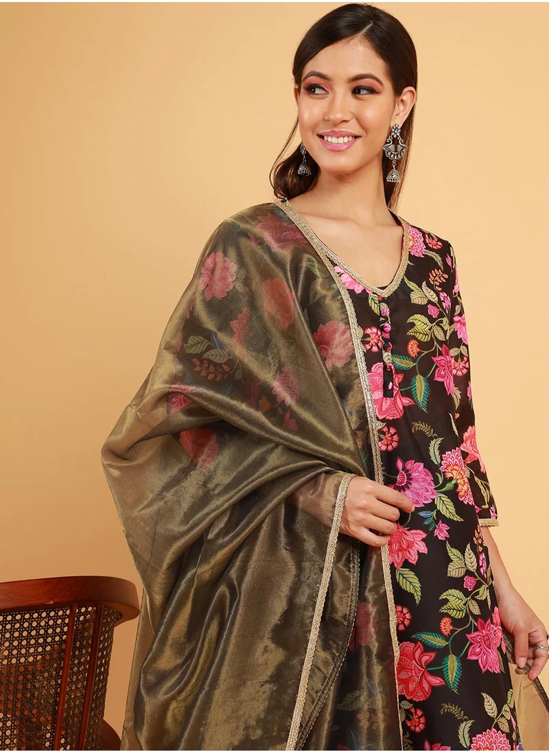 QISSA Women's Midnight Black Botanical Cluster Kurti With Sharara & Dupatta