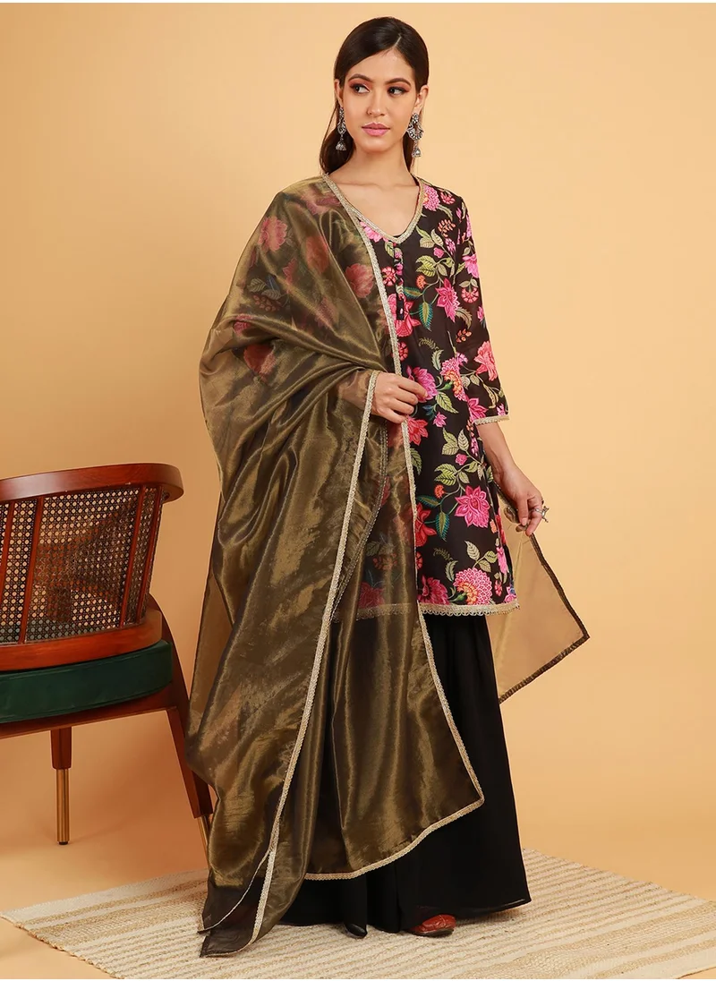 QISSA Women's Midnight Black Botanical Cluster Kurti With Sharara & Dupatta