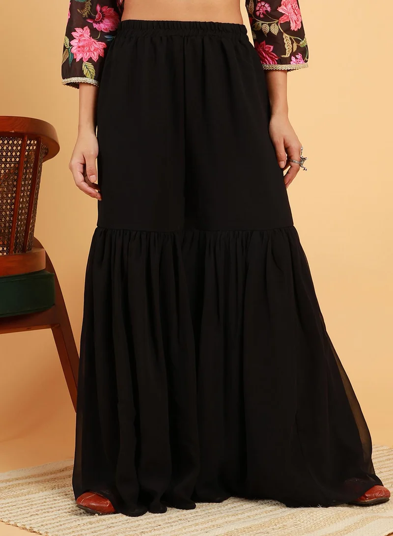 QISSA Women's Midnight Black Botanical Cluster Kurti With Sharara & Dupatta