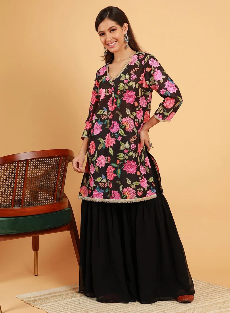 QISSA Women's Midnight Black Botanical Cluster Kurti With Sharara & Dupatta
