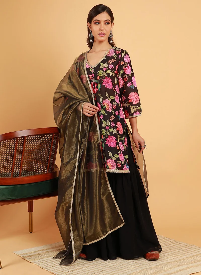 QISSA Women's Midnight Black Botanical Cluster Kurti With Sharara & Dupatta
