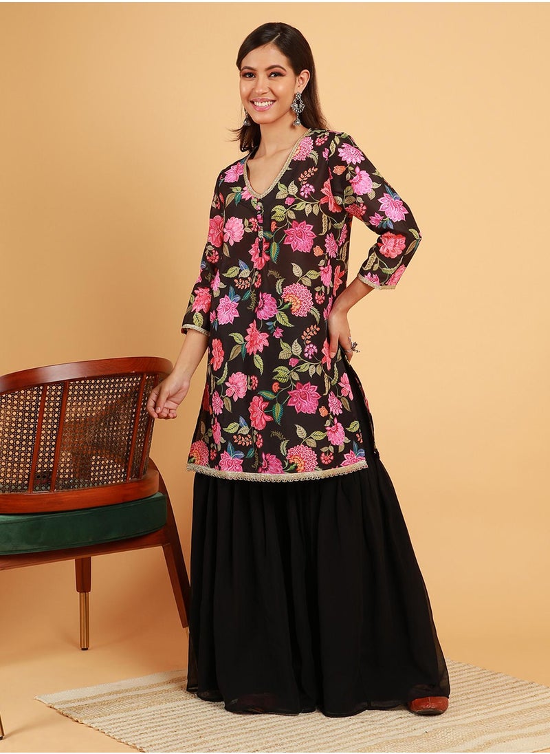  قصة Women's Midnight Black Botanical Cluster Kurti With Sharara & Dupatta  - Image 4