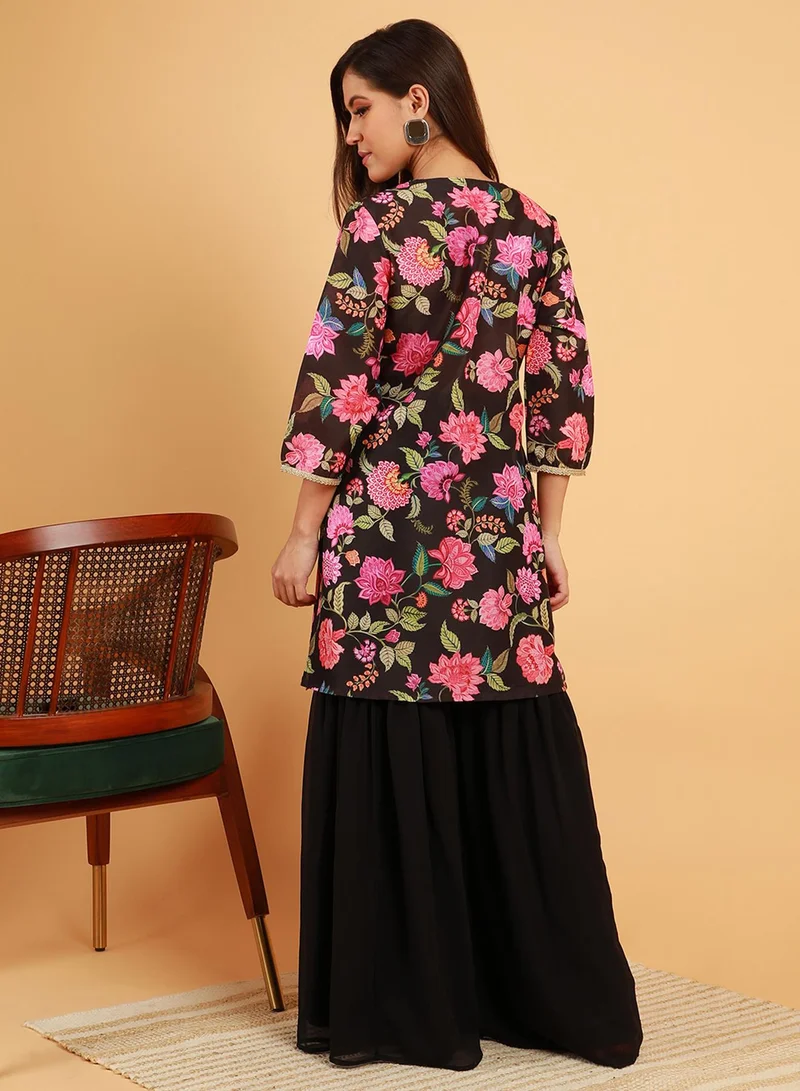QISSA Women's Midnight Black Botanical Cluster Kurti With Sharara & Dupatta
