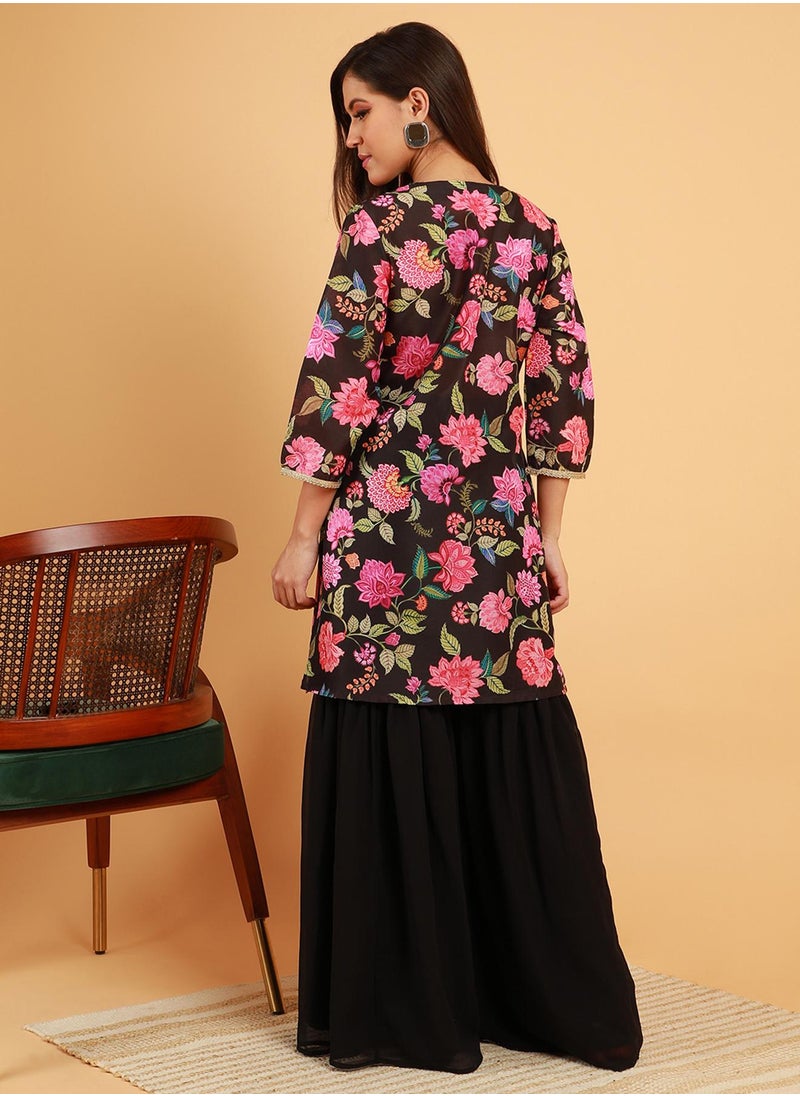  قصة Women's Midnight Black Botanical Cluster Kurti With Sharara & Dupatta  - Image 5