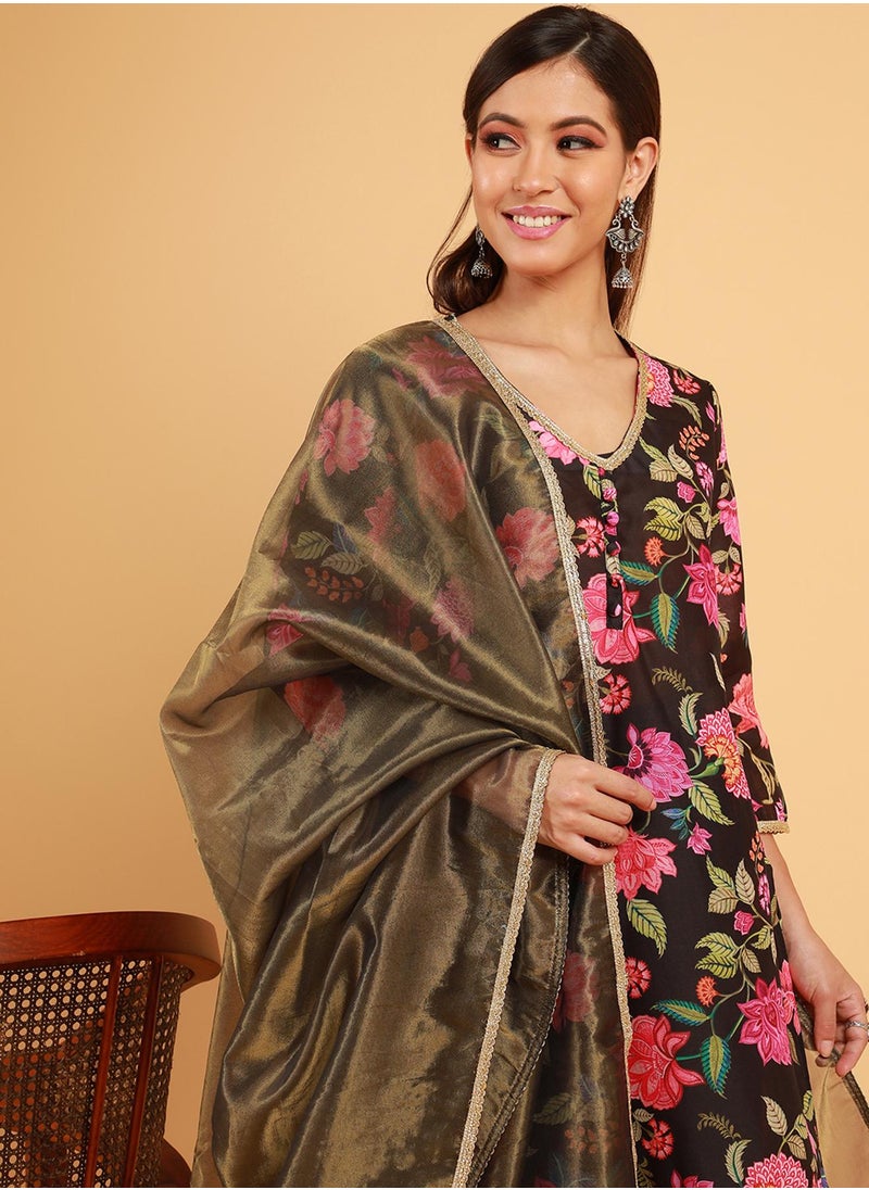  قصة Women's Midnight Black Botanical Cluster Kurti With Sharara & Dupatta  - Image 1