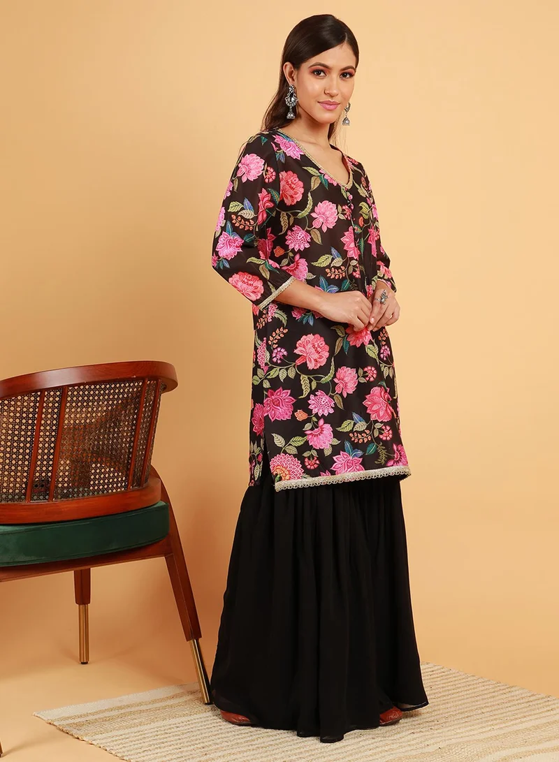 QISSA Women's Midnight Black Botanical Cluster Kurti With Sharara & Dupatta