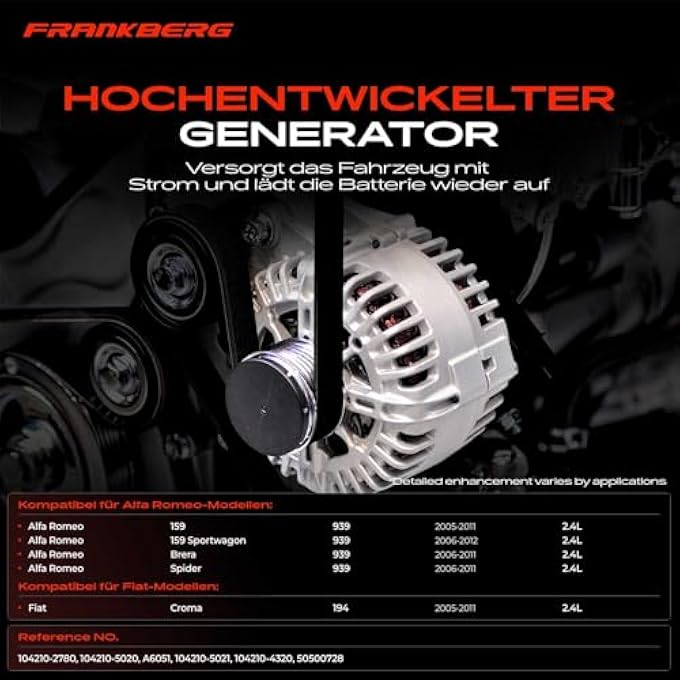 Frankberg Alternator Generator Compatible with 159 939 2.4L 2005-2011 Brera 939 2.4L 2006-2010 Spider 939 2.4L 2007-2010 Replace# 50500728 - Image 3