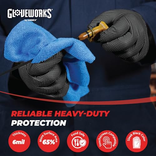 GLOVEWORKS HD Industrial Black Nitrile Gloves with Raised Diamond Texture Grip, Box of 100, 6 Mil, Size Medium, Latex Free, Powder Free, Textured, Disposable, Food Safe, GWBN44100-BX - Image 2